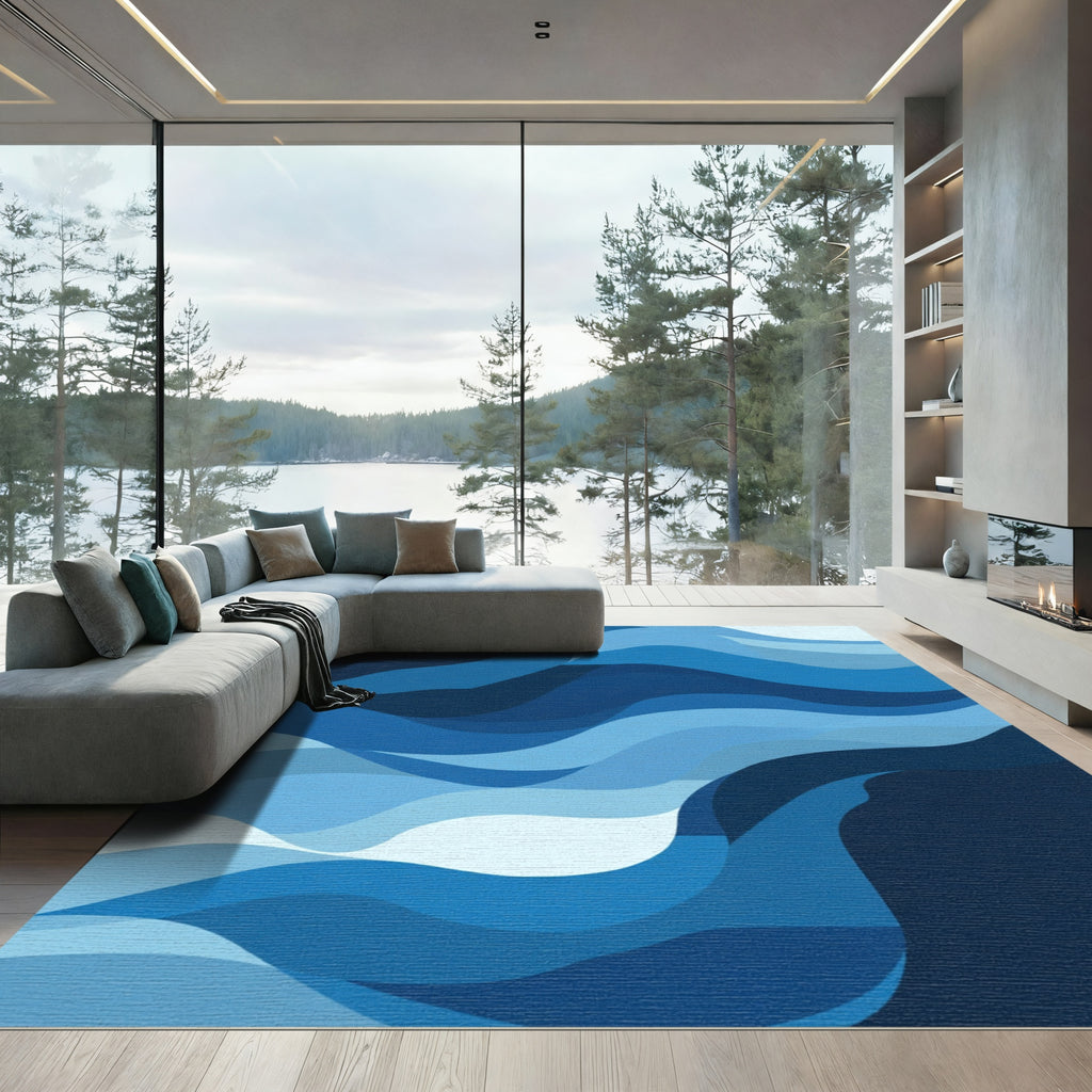Deep Blue Layered Wave Abstract Rug