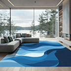Deep Blue Layered Wave Abstract Rug