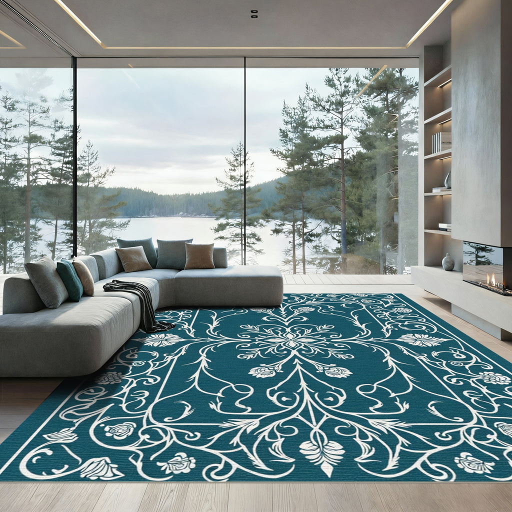 Elegant Teal White Floral Medallion Border Rug