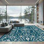 Elegant Teal White Floral Medallion Border Rug