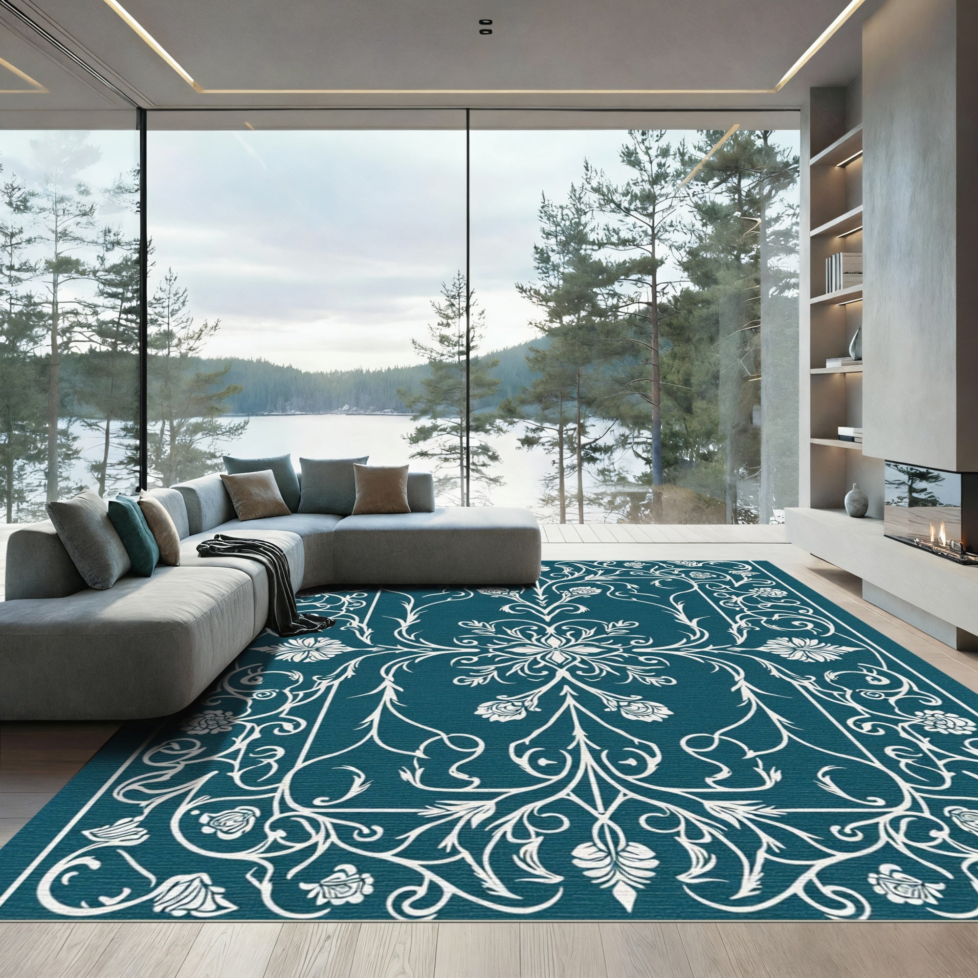 Elegant Teal White Floral Medallion Border Rug