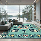 Aqua Red Teal Folk Art Blossom Rug