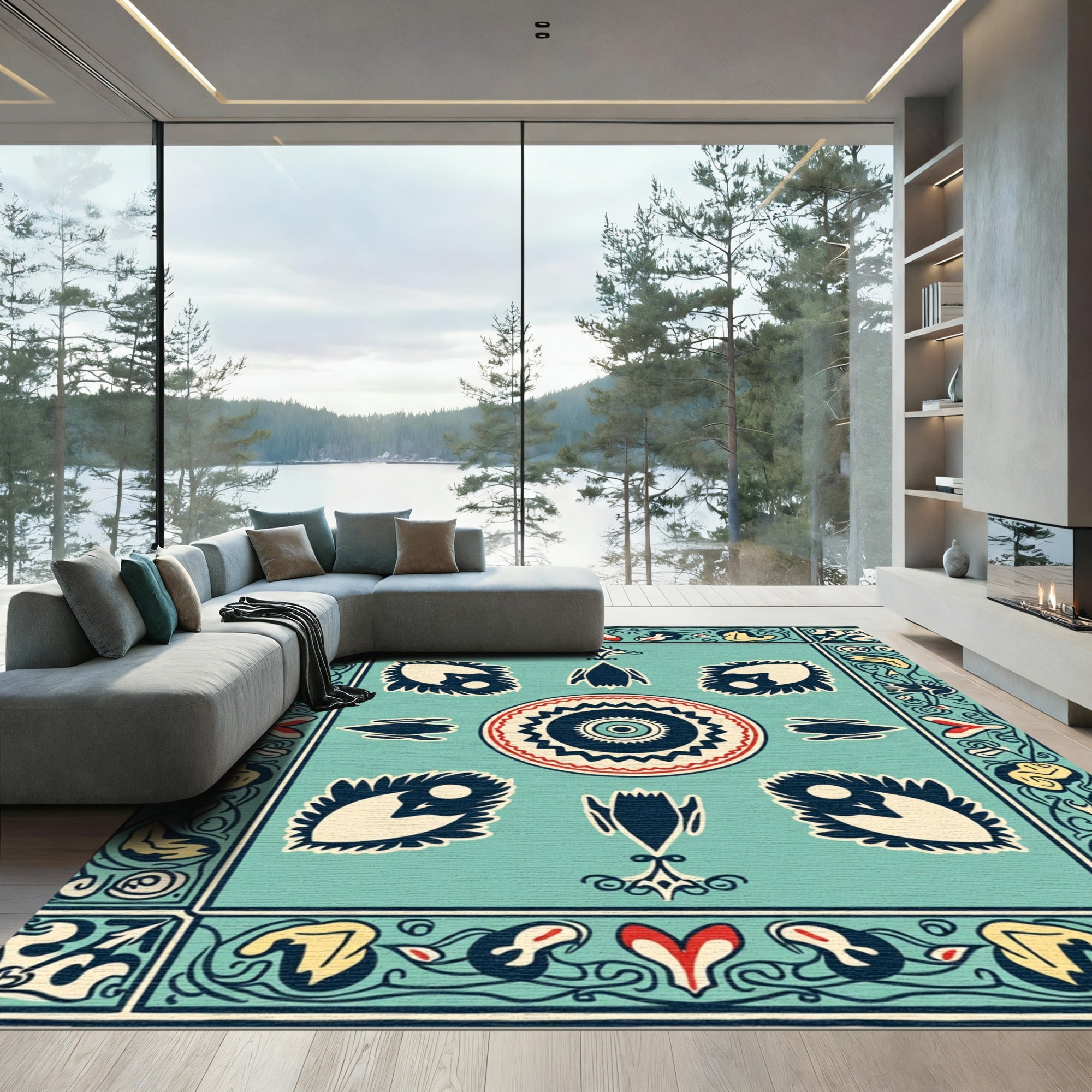 Aqua Red Teal Folk Art Blossom Rug