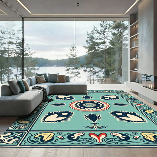 Aqua Red Teal Folk Art Blossom Rug