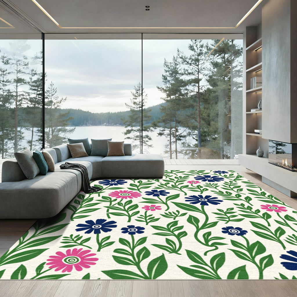 Pink Navy Blue Floral Foliage Rug