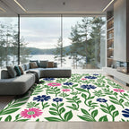 Pink Navy Blue Floral Foliage Rug