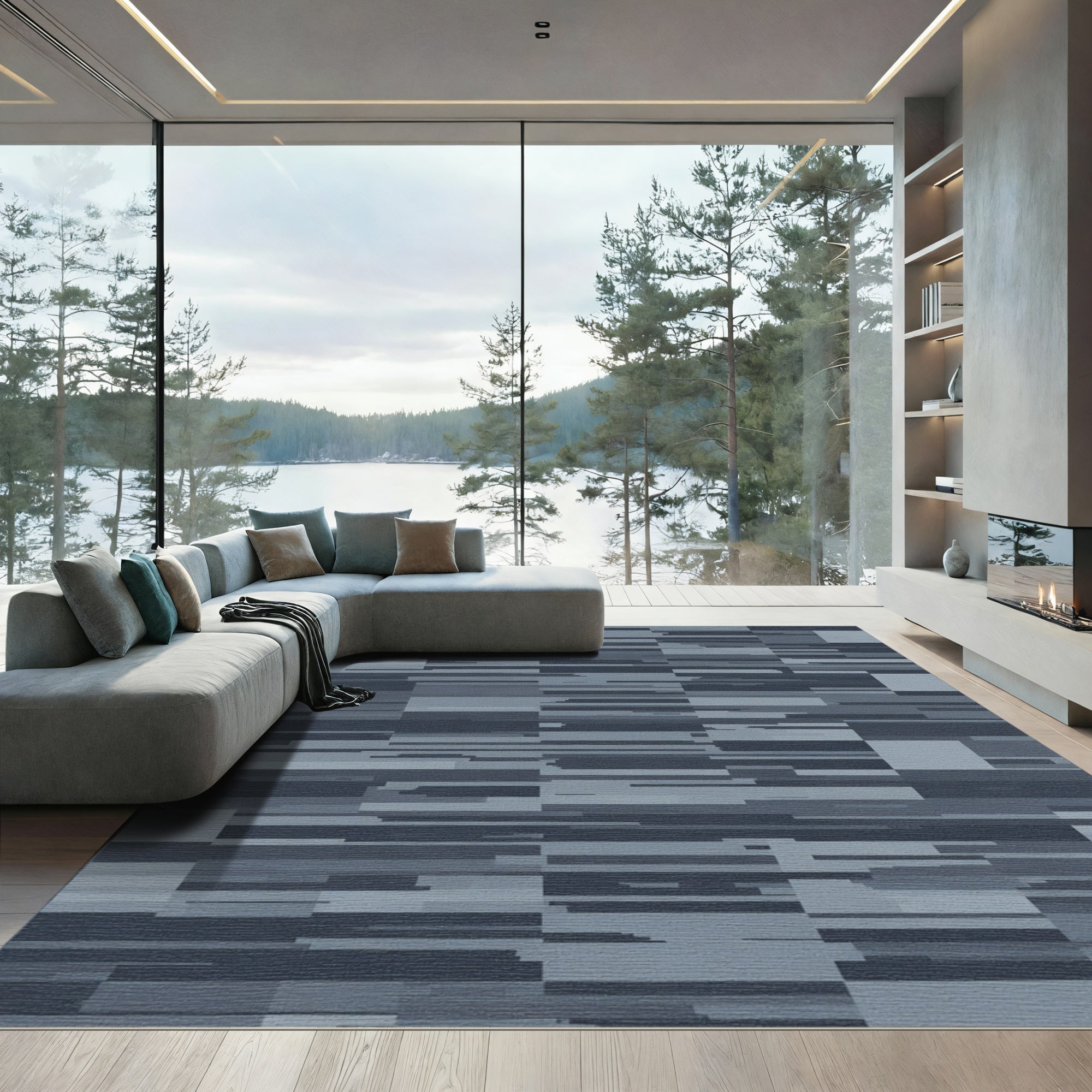 Abstract Gray Tonal Landscape Blocks Rug