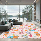 Whimsical Cartoon Creatures Floral Meadow Rug