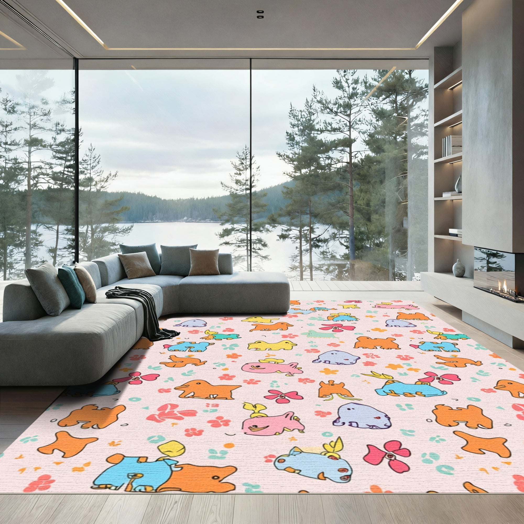 Whimsical Cartoon Creatures Floral Meadow Rug