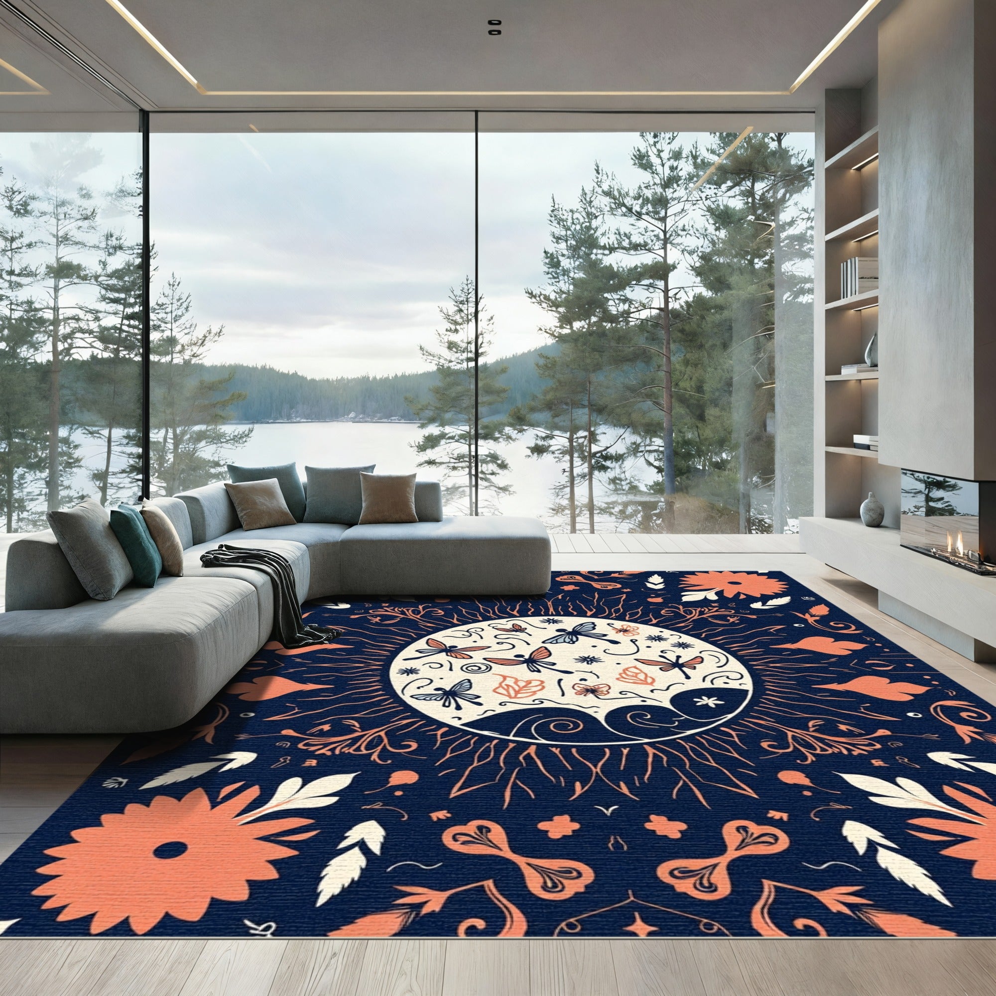 Coral Butterfly Sunburst Garden Rug