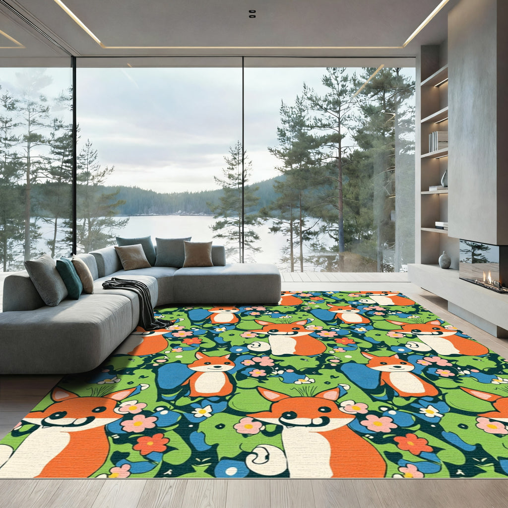 Playful Orange Foxes Floral Meadow Rug
