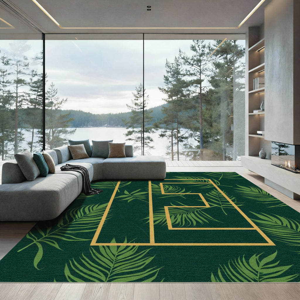 Emerald Tropical Leaf Geometric Frame Rug