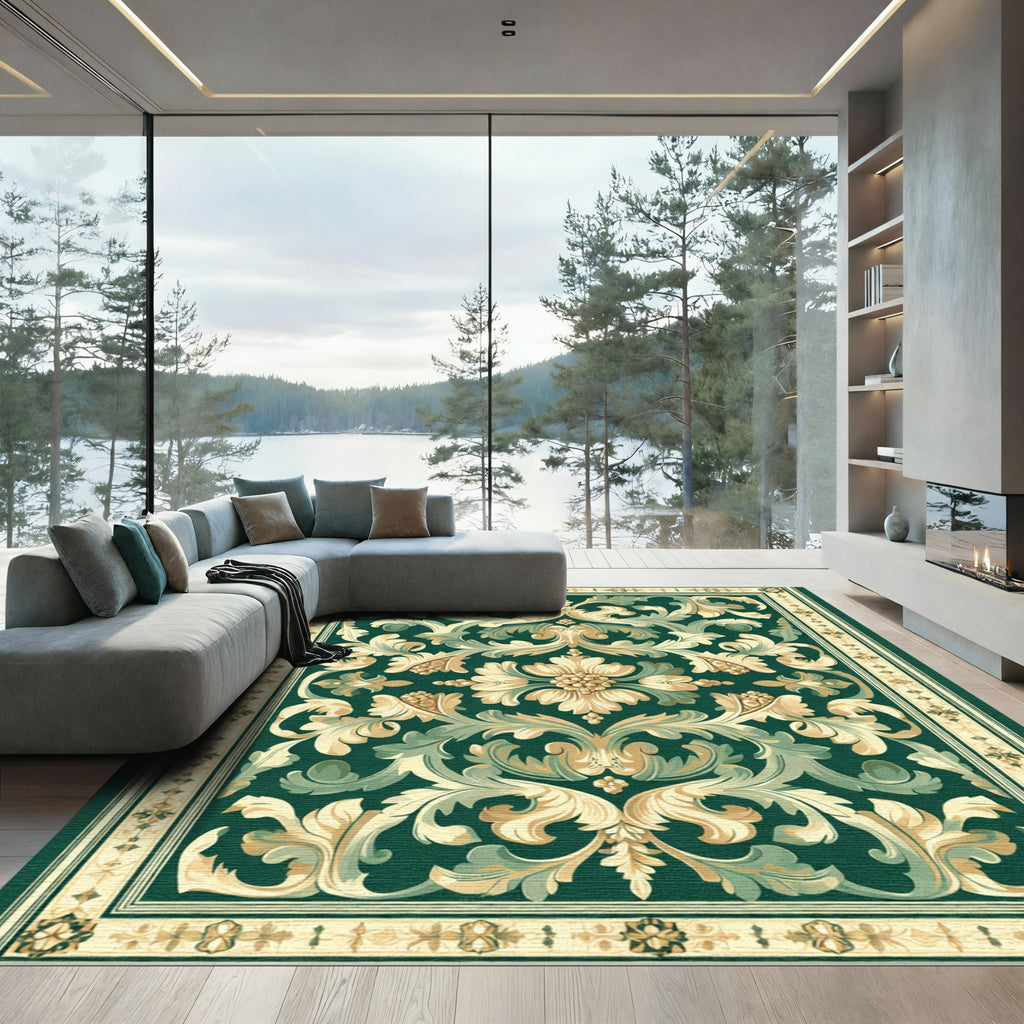 Green Beige Acanthus Scrollwork Rug