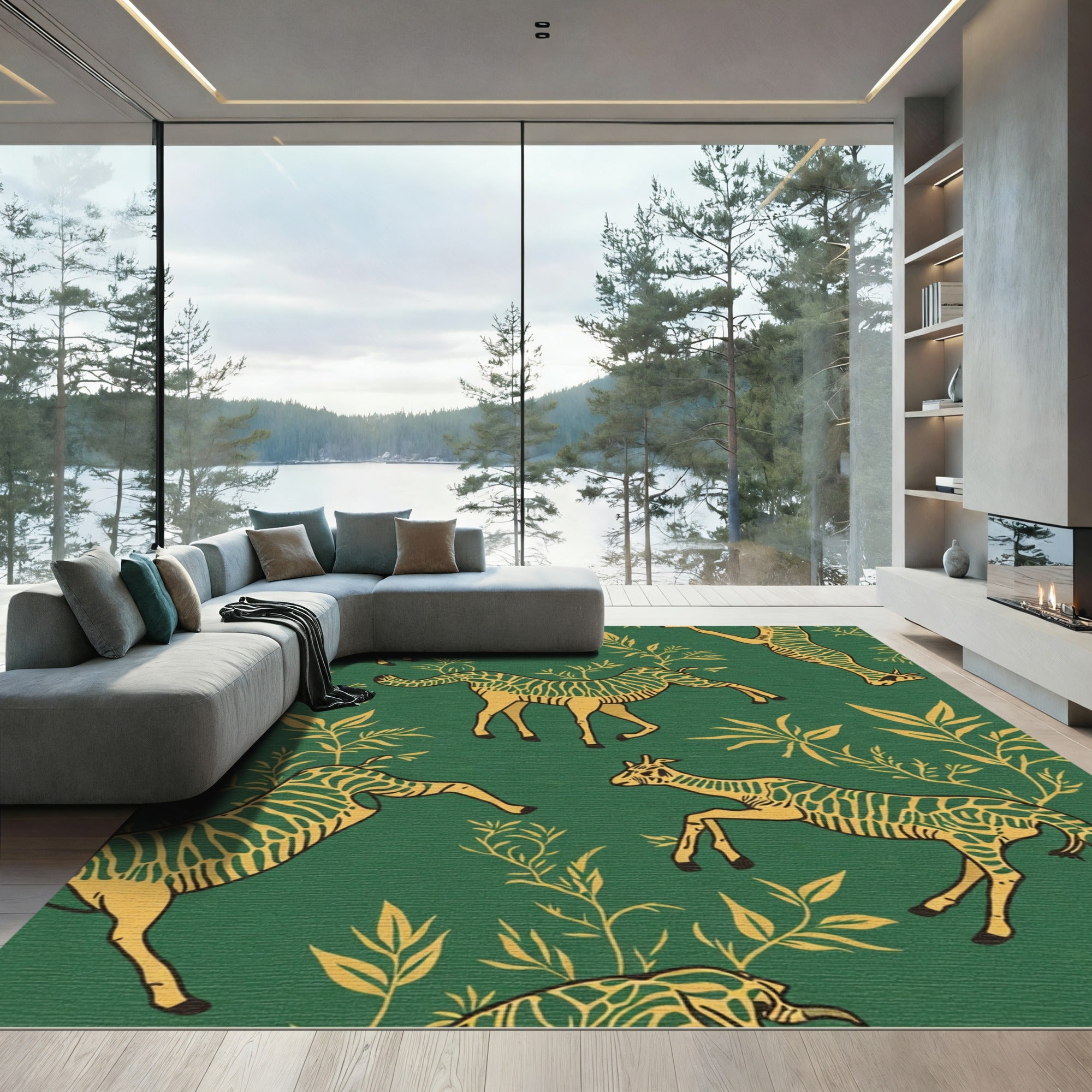 Emerald Green Safari Animal Botanical Print Rug