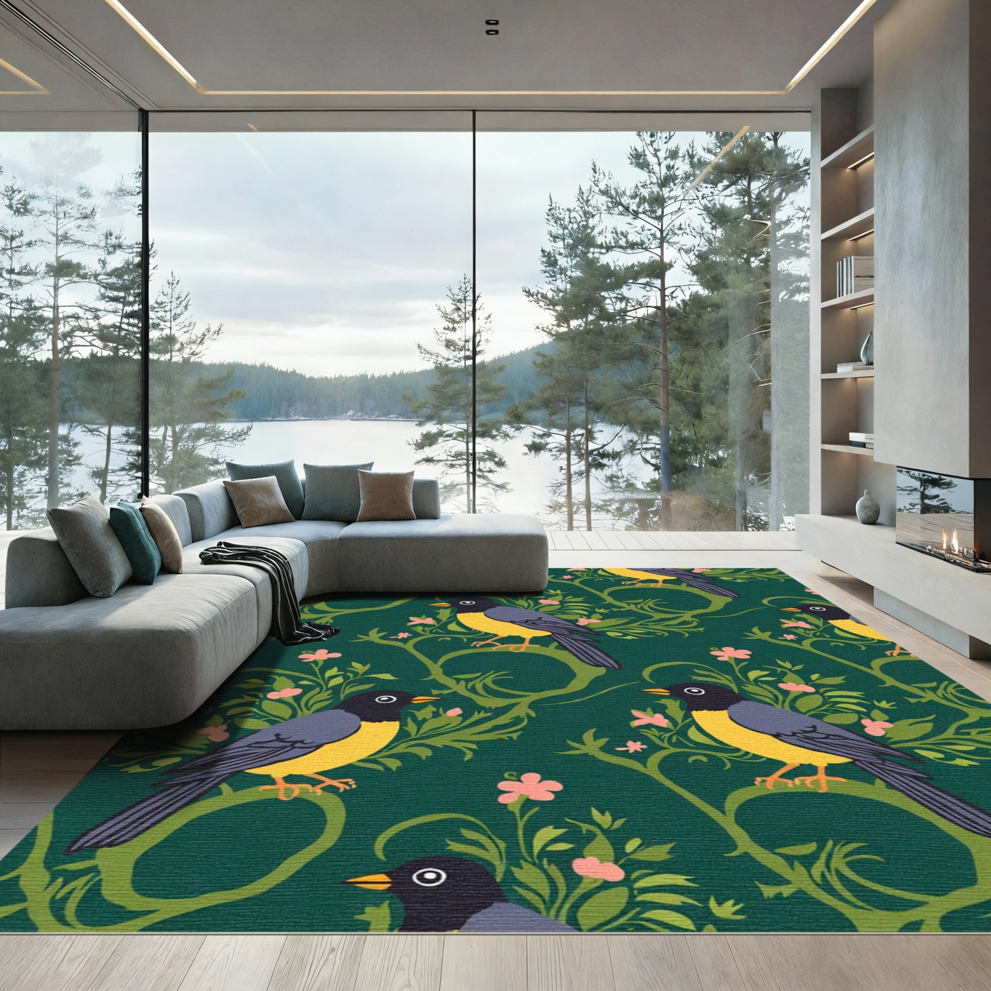 Charming Birds Floral Garden Emerald Rug