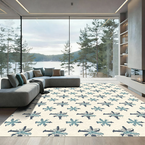 Blue Starburst Medallions on Cream Background Rug