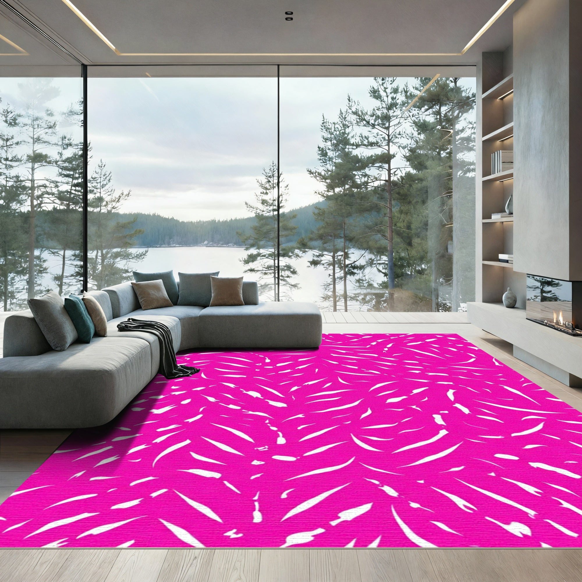 Vibrant Pink White Abstract Strokes Rug