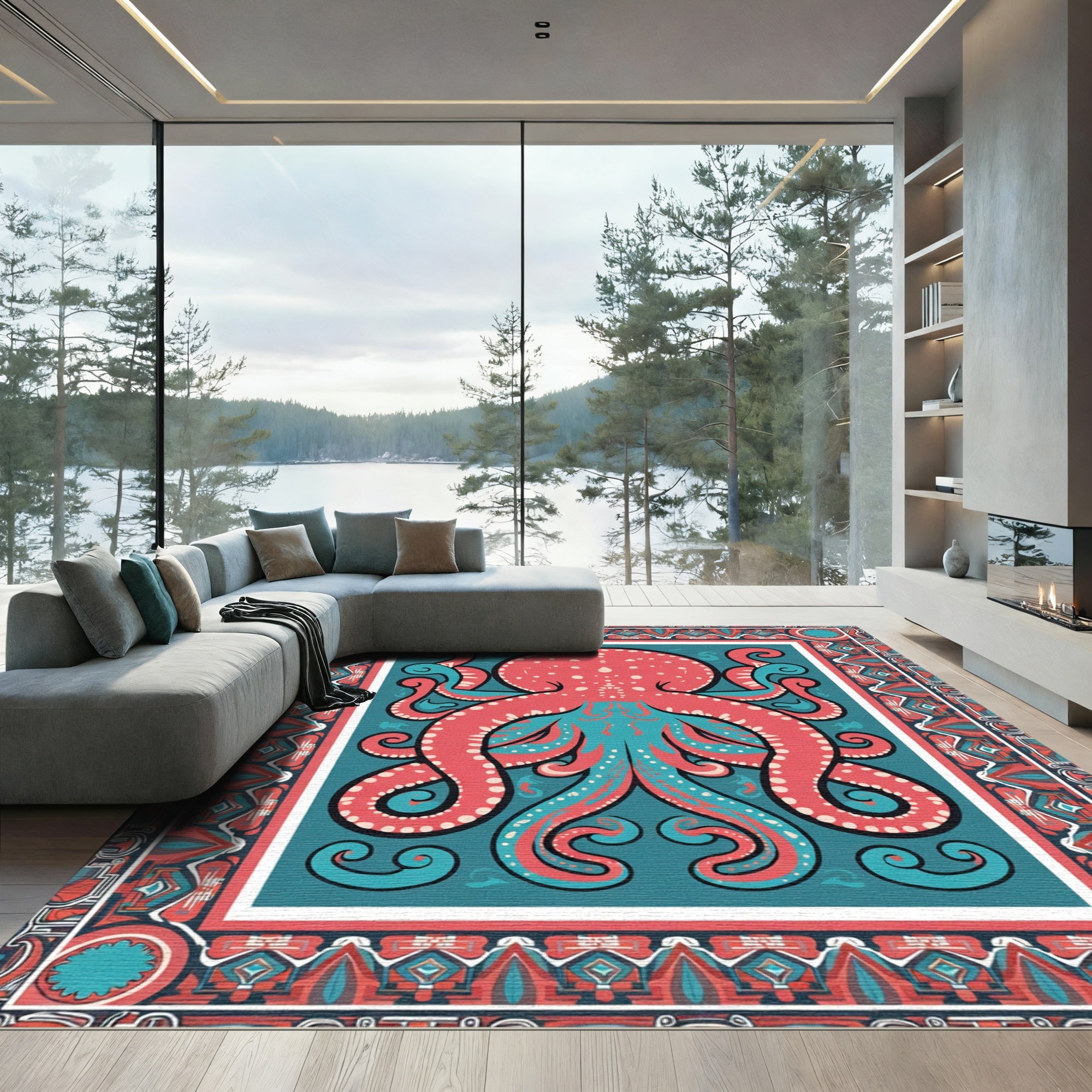 Coral Teal Vintage Octopus Border Rug