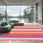Vibrant Coral Yellow Blue Striped Rug