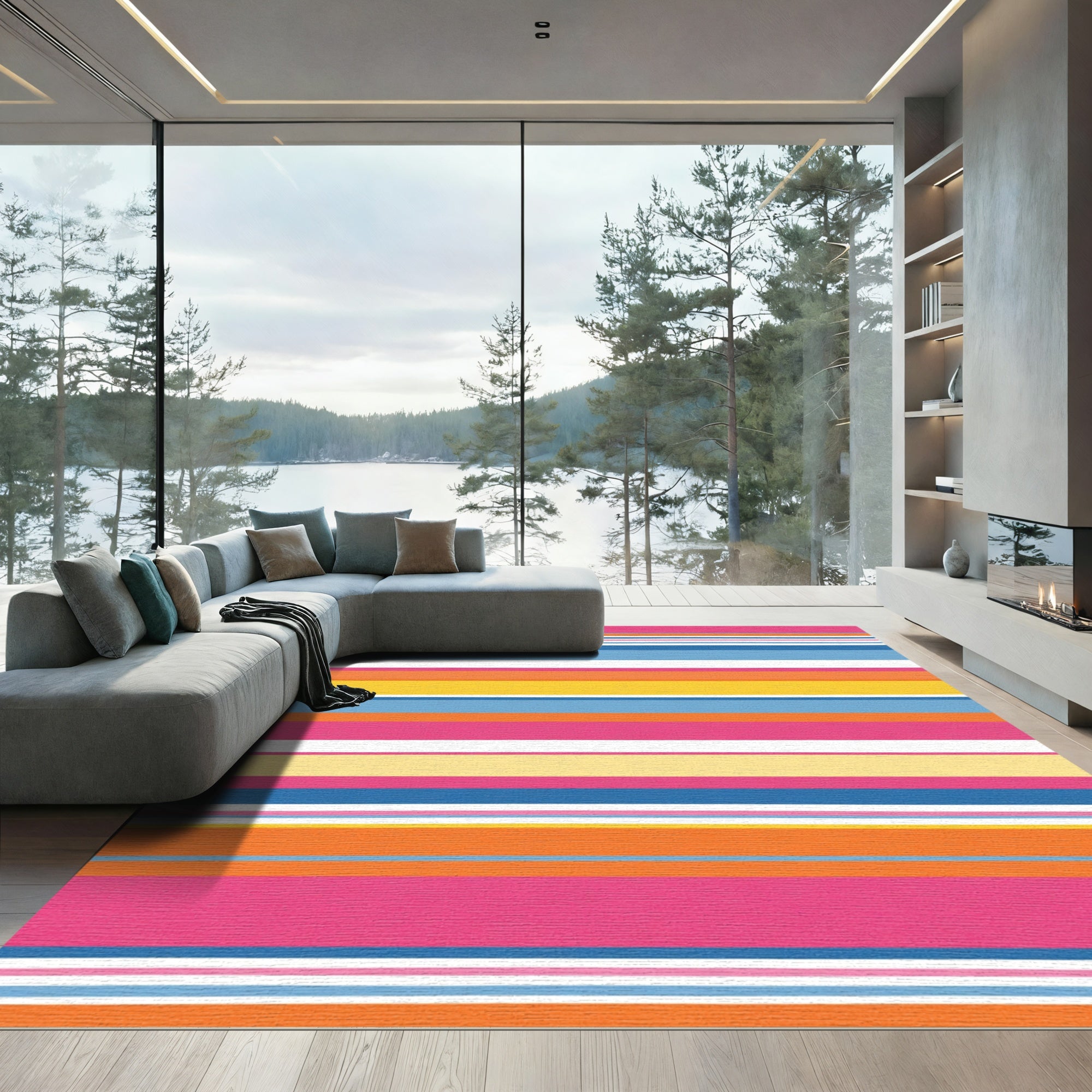 Vibrant Coral Yellow Blue Striped Rug