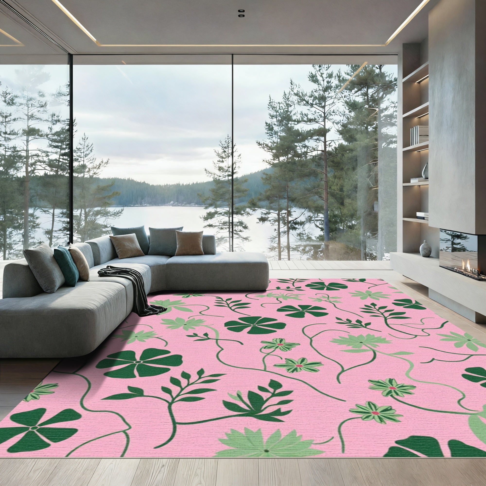 Whimsical Pink Botanical Vine Rug