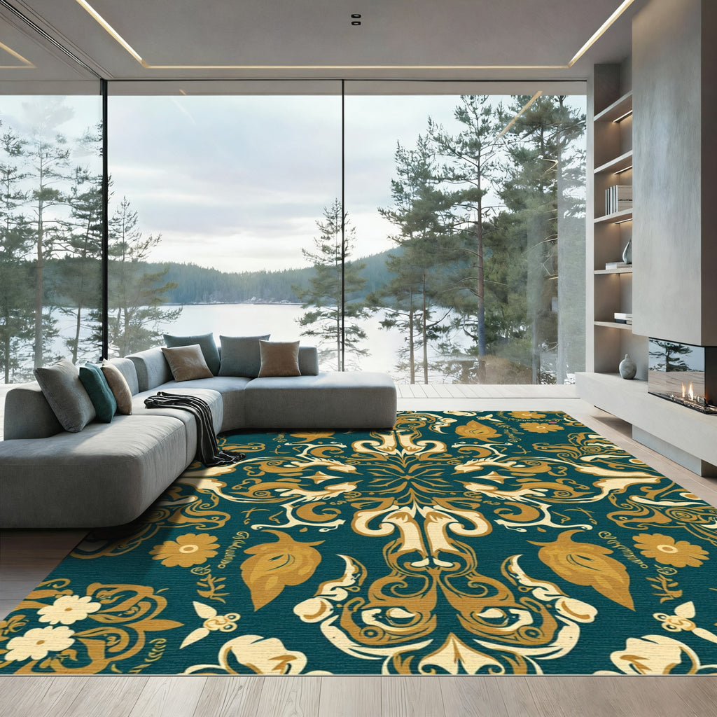 Teal Gold Floral Medallion Symmetry Rug