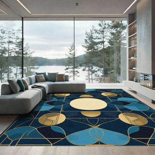 Art Deco Navy Gold Geometric Circles Rug