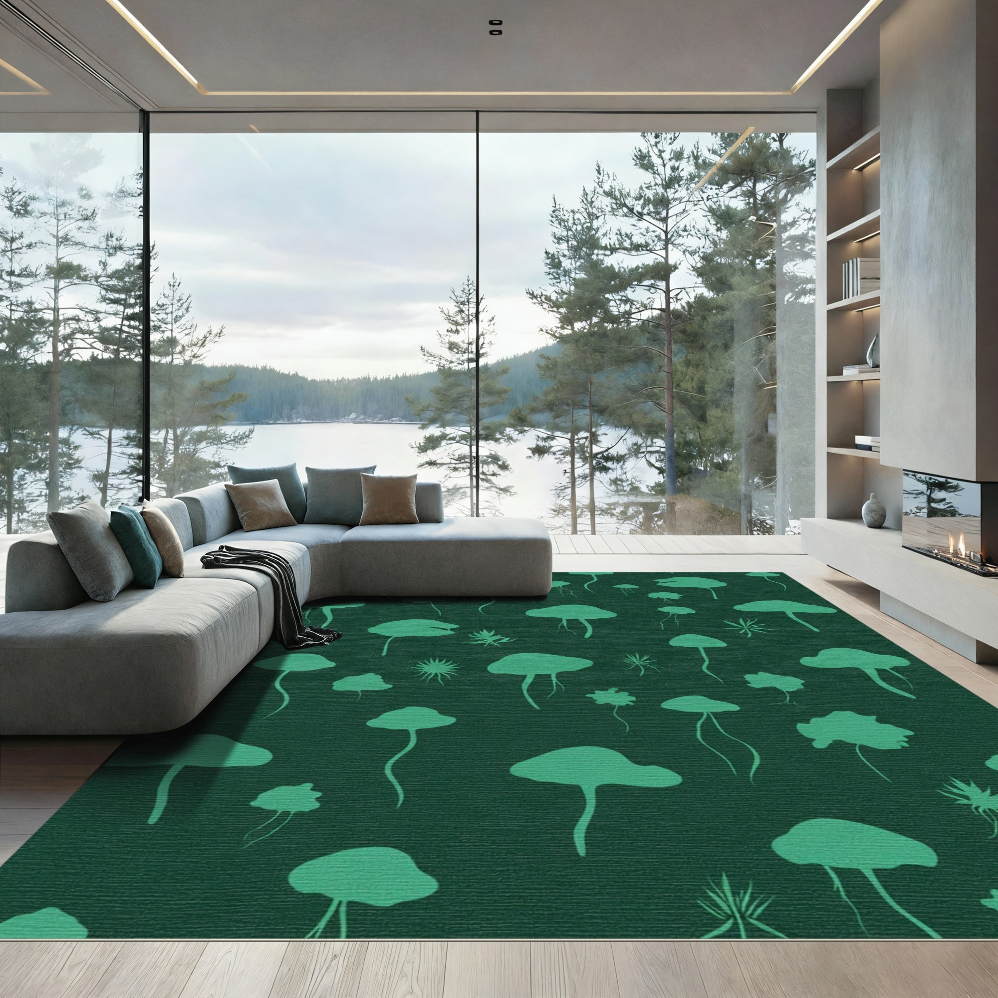 Teal Mushroom Forest Silhouette Rug
