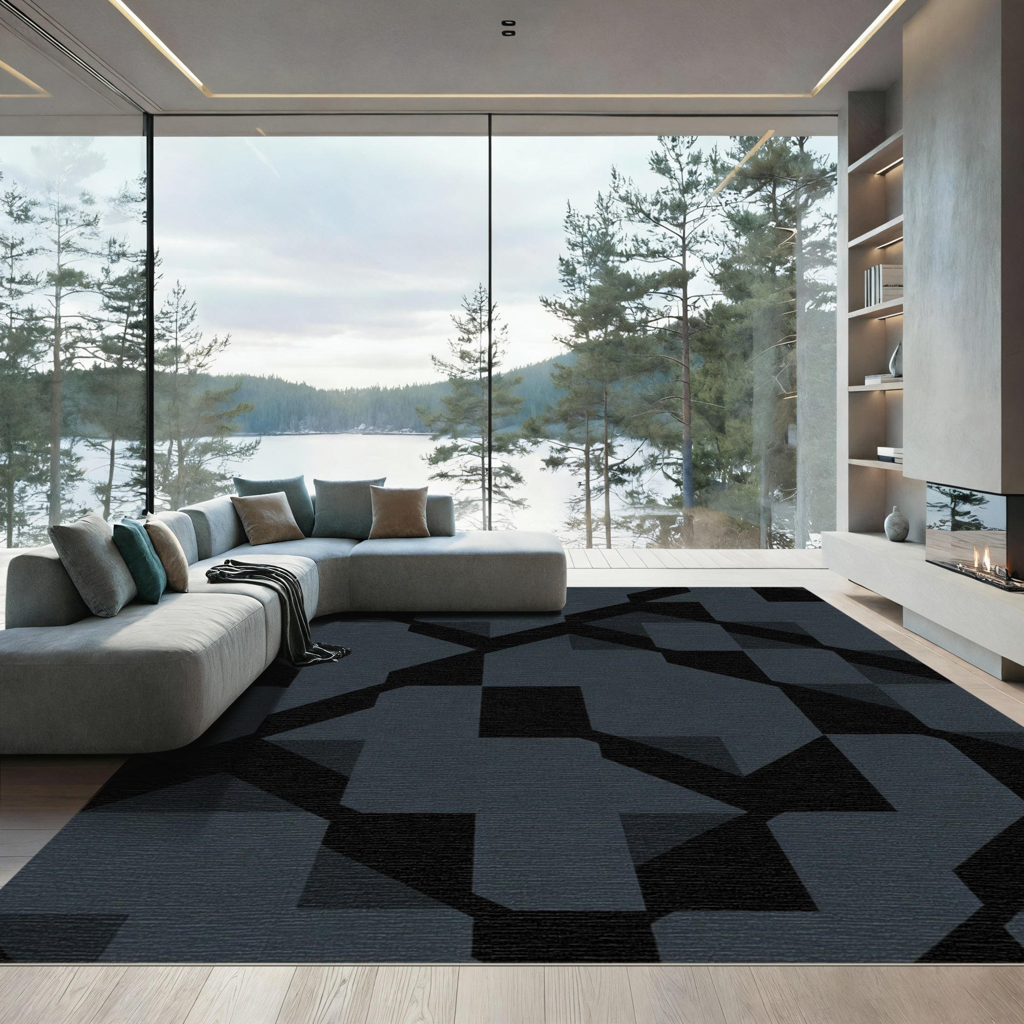 Dark Gray Geometric Interlocking Shapes Rug