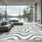 Cream Blue Abstract Wavy Lines Rug