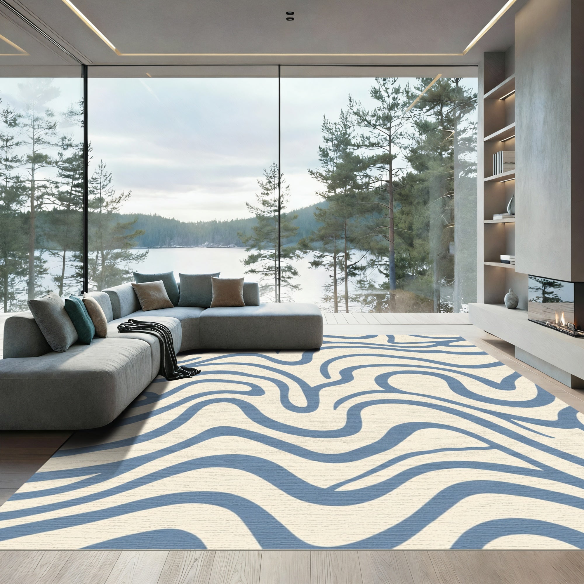 Cream Blue Abstract Wavy Lines Rug
