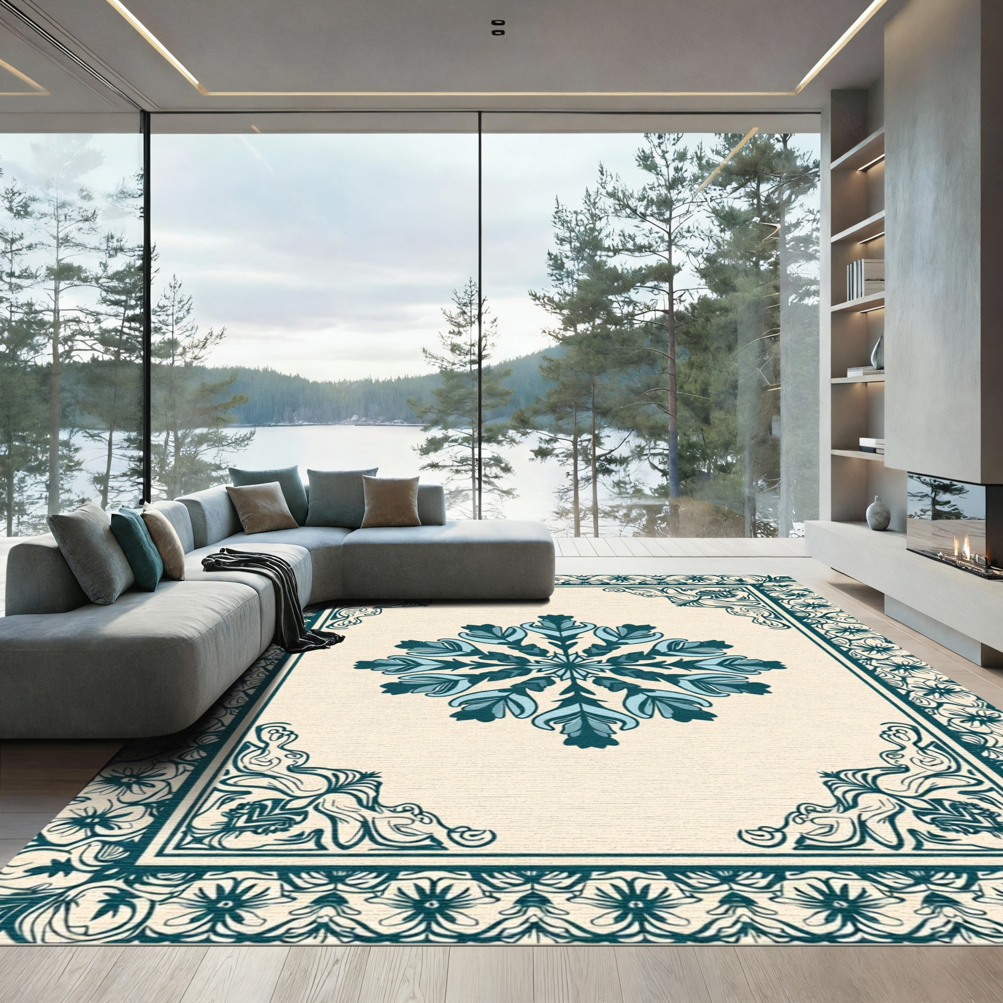 Teal Floral Medallion Ivory Border Rug