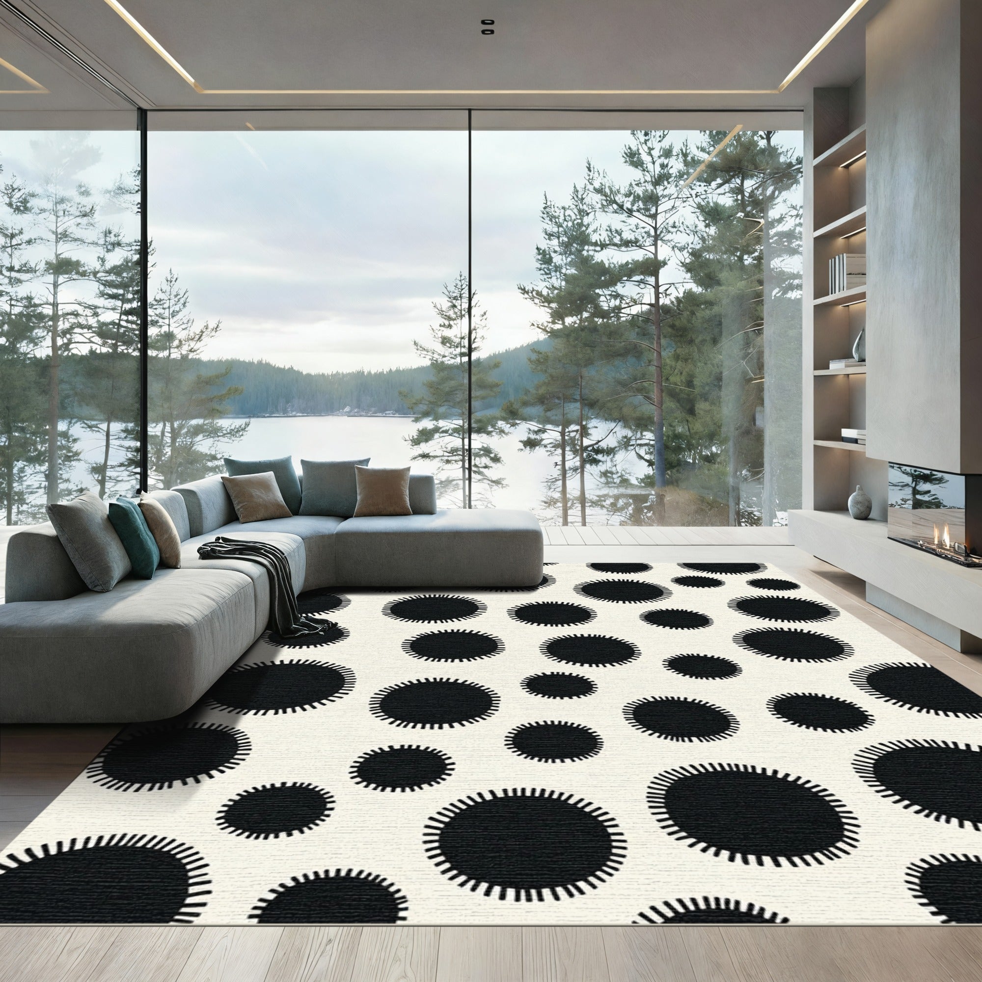 Monochrome Sunburst Dot Cluster Rug
