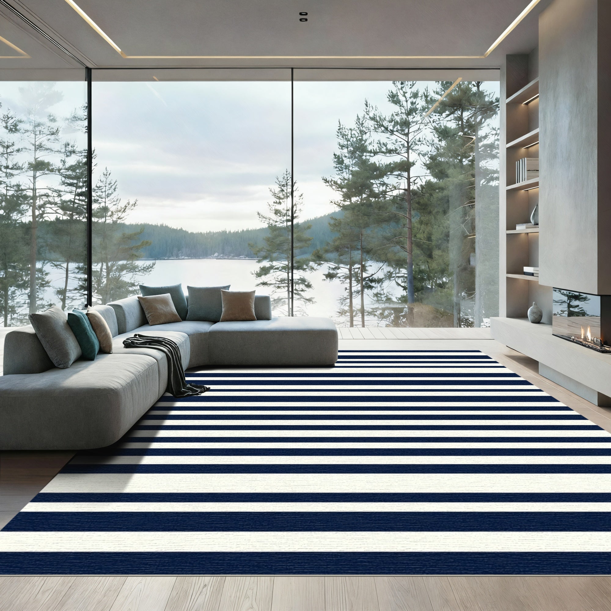 Classic Navy Cream Stripe Rug