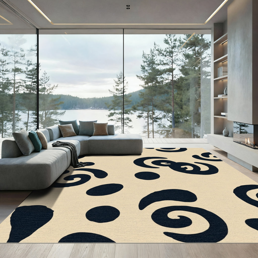 Dark Blue Abstract Swirls And Dots Rug