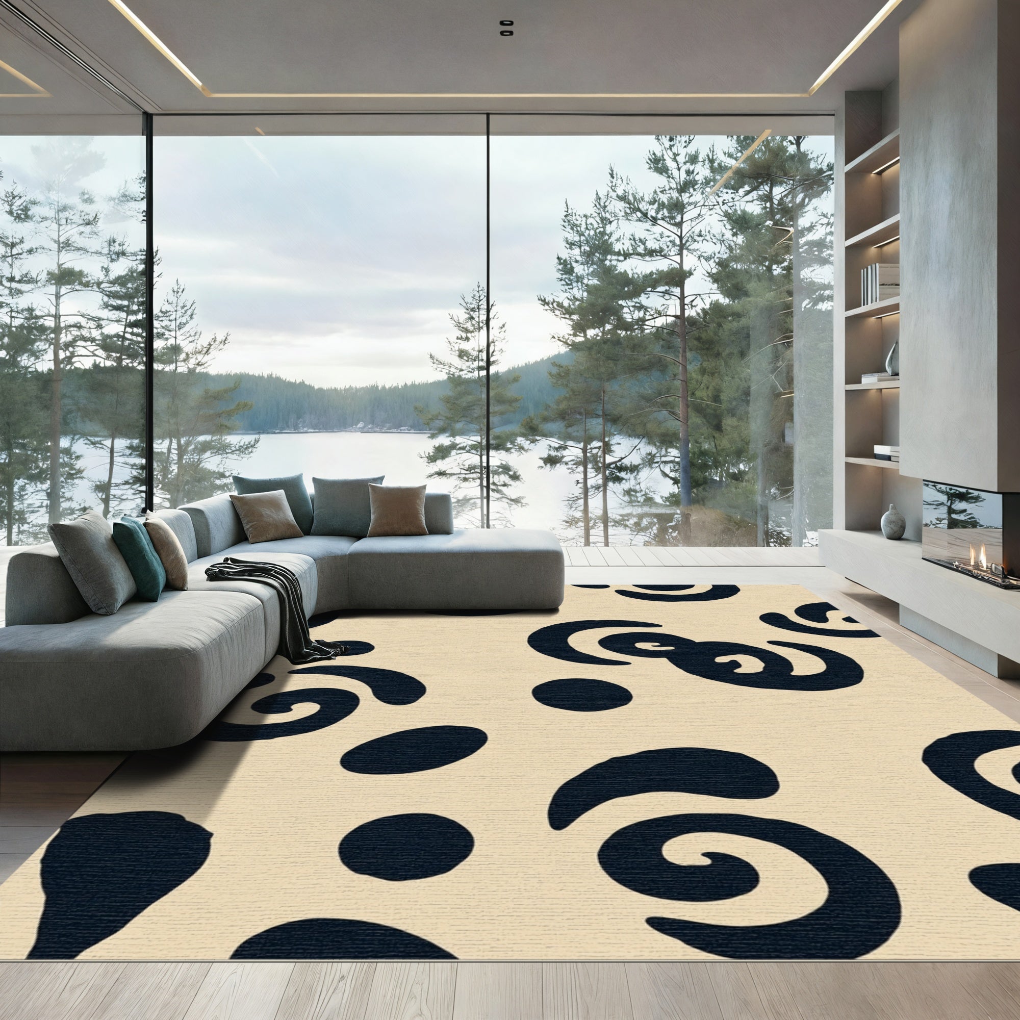 Dark Blue Abstract Swirls And Dots Rug