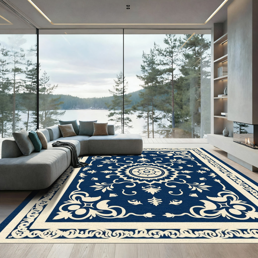 Navy White Ornate Mandala Medallion Rug