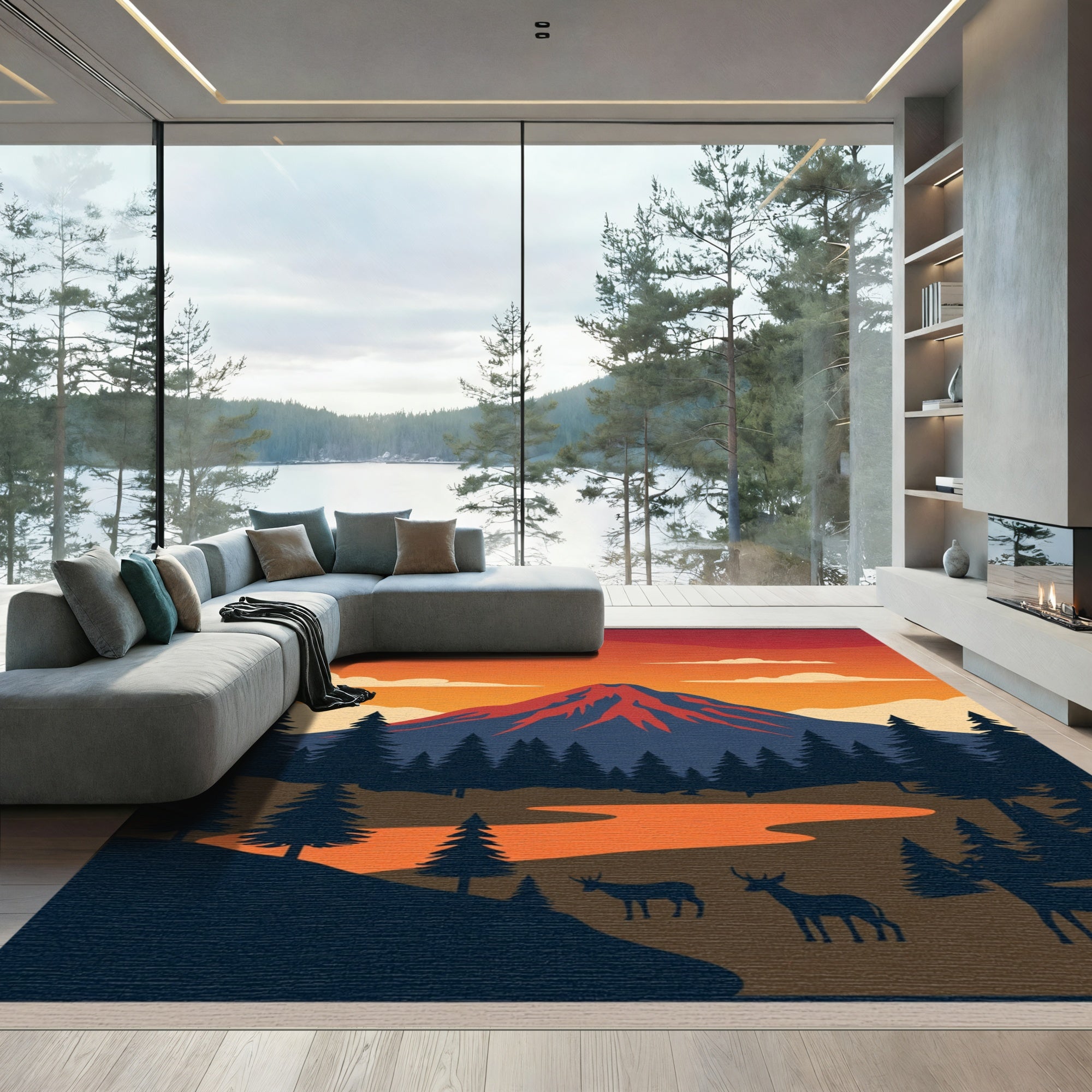 Crimson Volcano Sunset Forest Scene Rug