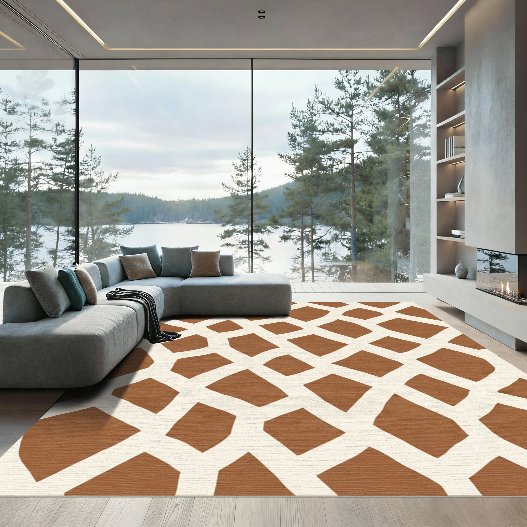 Brown White Giraffe Spot Grid Rug