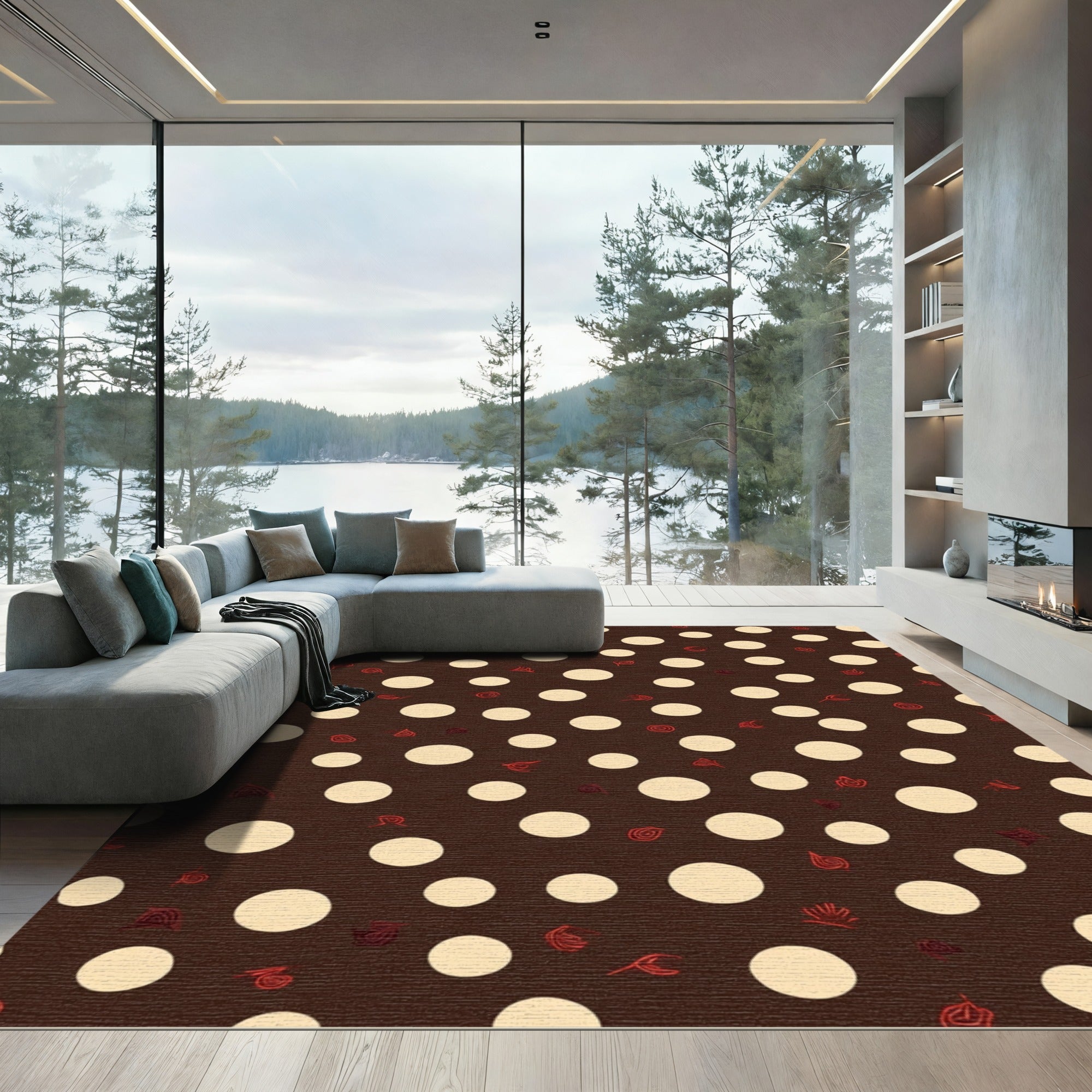 Dark Brown Cream Polka Dot Swirls Rug