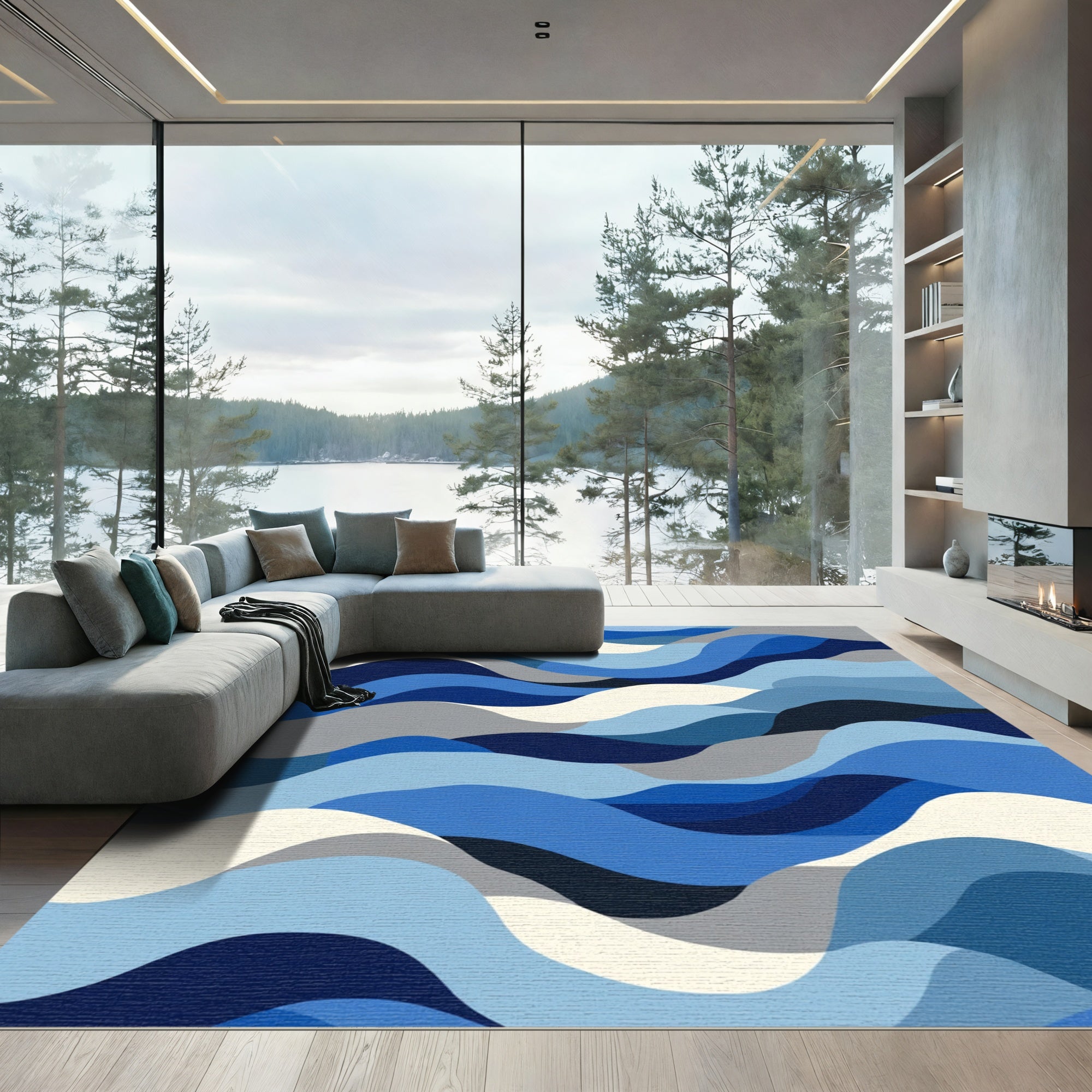 Deep Blue Gradient Wave Abstract Rug