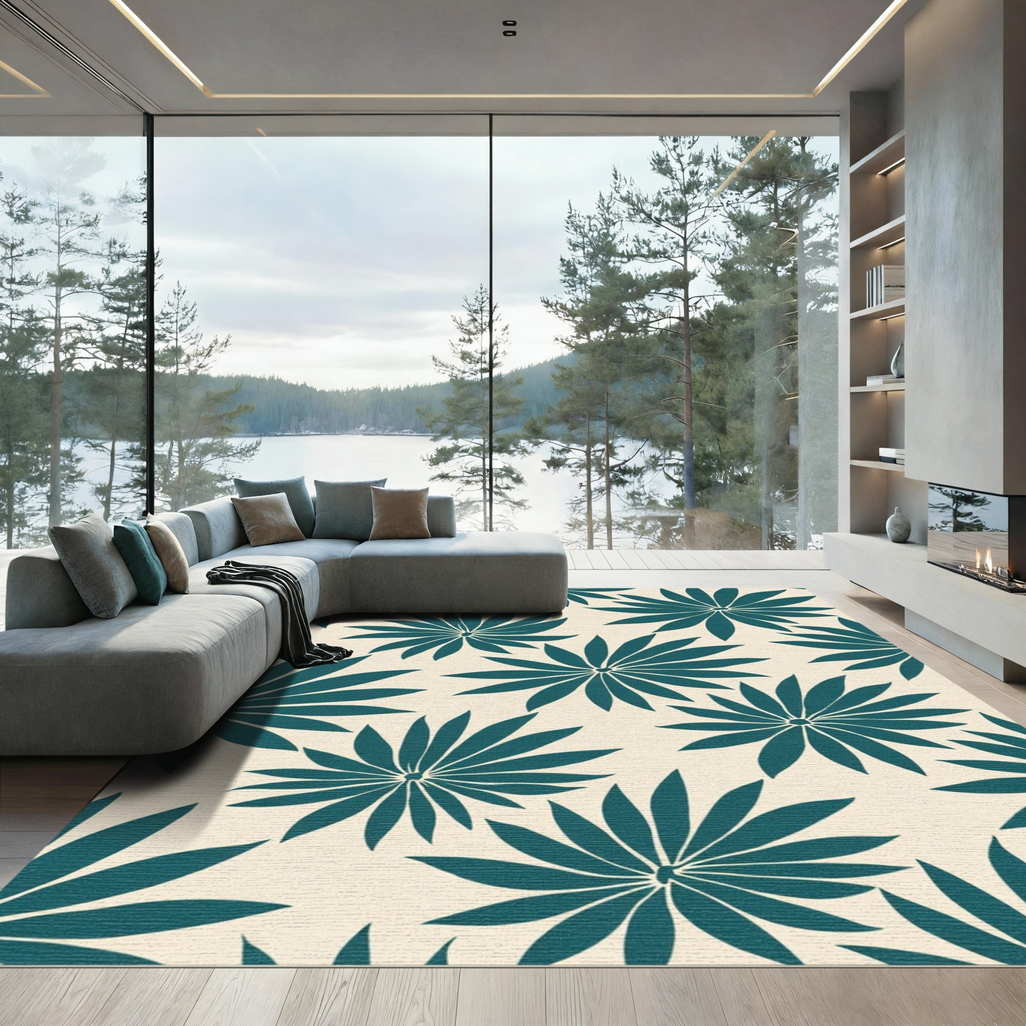 Teal Palm Frond All Over Rug