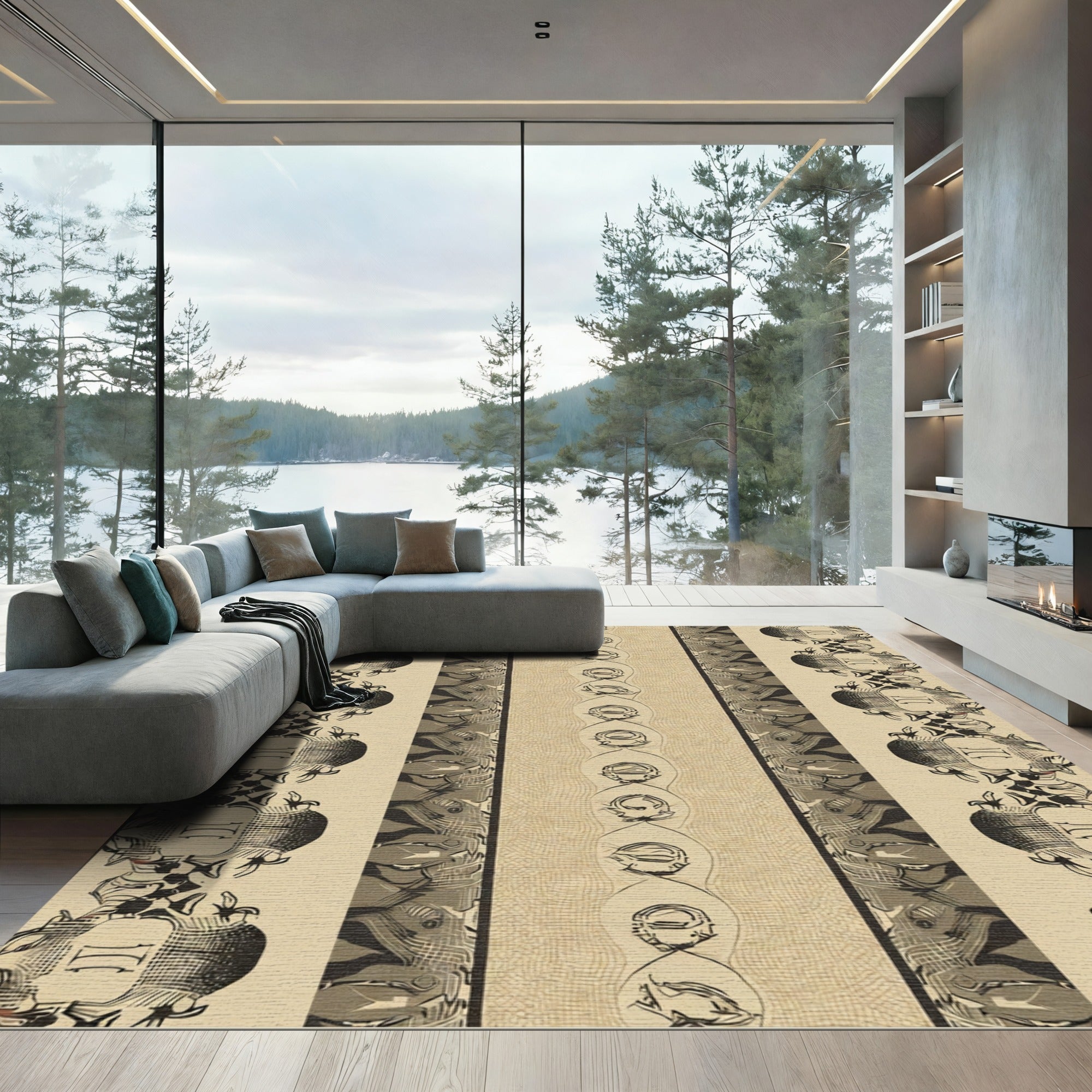 Ornate Beige Black Vertical Striped Rug