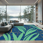 Deep Blue Tropical Leaf Abstract Rug