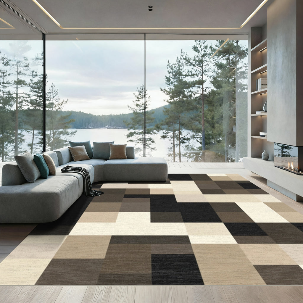 Neutral Tones Geometric Grid Rug