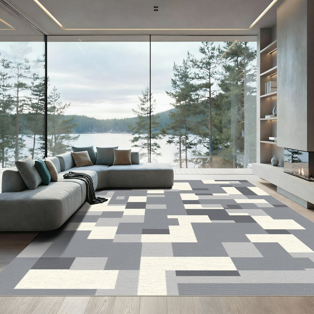 Geometric Abstract Gray Cream Blocks Rug
