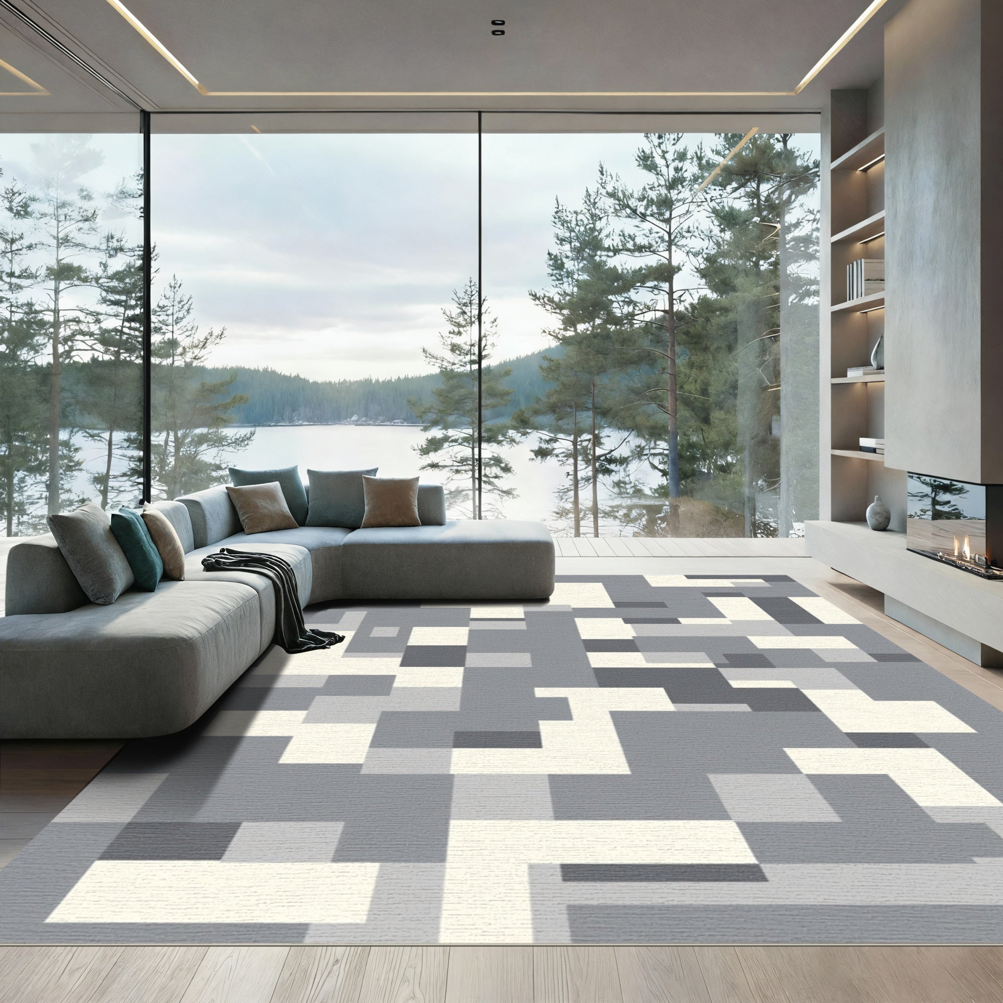 Geometric Abstract Gray Cream Blocks Rug