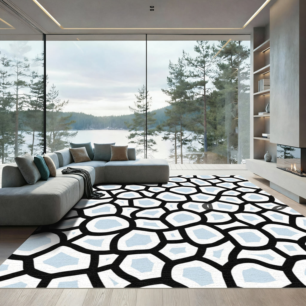 Abstract Black White Light Blue Cells Rug