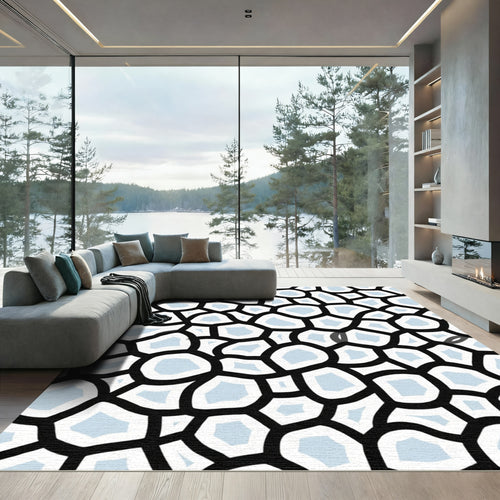 Abstract Black White Light Blue Cells Rug