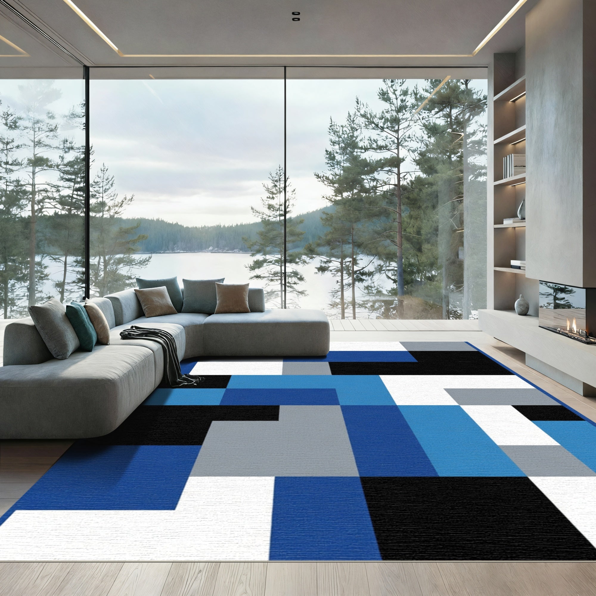 Modern Blue Grey Black Geometric Blocks Rug